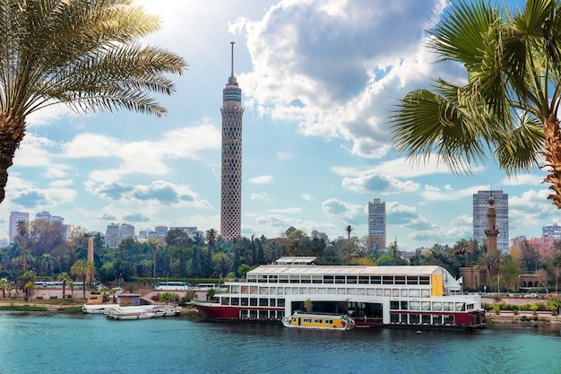 The Nile in Cairo with ships and view on the TV Tower, Egypt.