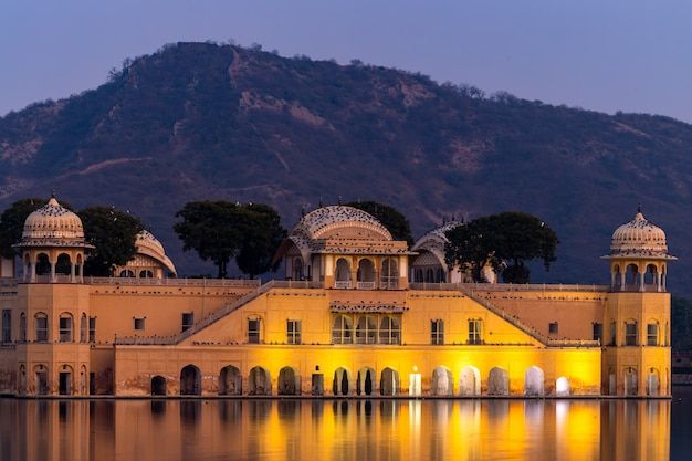 Jal Mahal Palace at night, Jal Mahal in the middle of the lake, Water Palace was built during the 18th century in the middle of Man Sager Lake, Jaipur, Rajasthan, India, Asia.