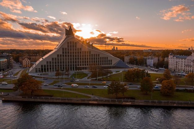 Riga, Latvia - September 20, 2020: Aerial view of the building of National Library of Latvia, also known as the Castle of Light.Beautiful panoramic view of Riga, Latvia.