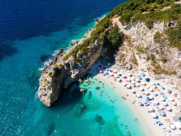 View of Lefkada island beach with blue ionian sea water Greece