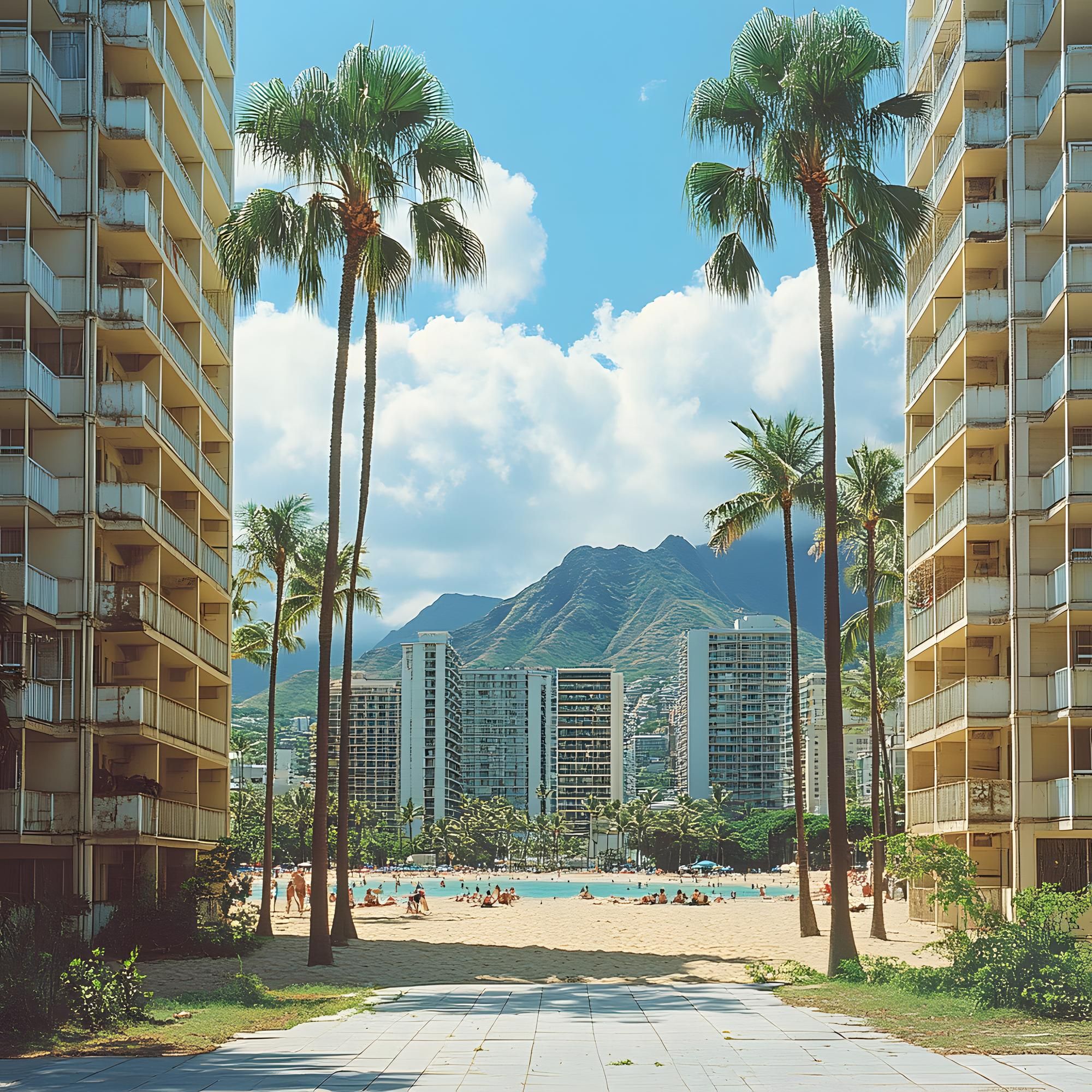 a view of downtown honolulu from ala moana park beach isolated on white background studio