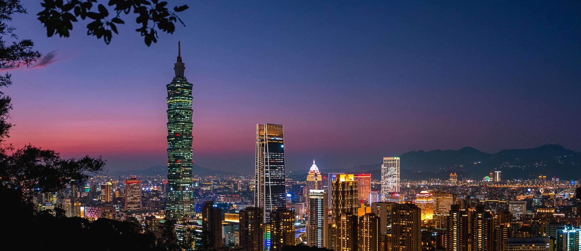 Beautiful Panoramic view, The dusk scene of Taipei 101 tower and other buildings. Taiwan. View from Xiangshan (Elephant Mountain).