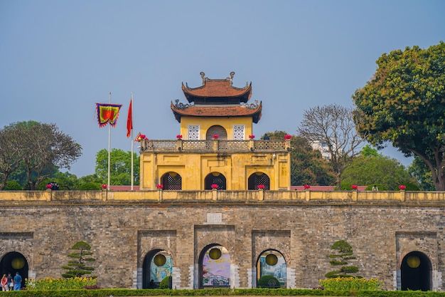 Panorama Central sector of Imperial Citadel of Thang Longthe cultural complex comprising the royal enclosure first built during the Ly Dynasty An UNESCO World Heritage Site in Hanoi Doan Mon gate