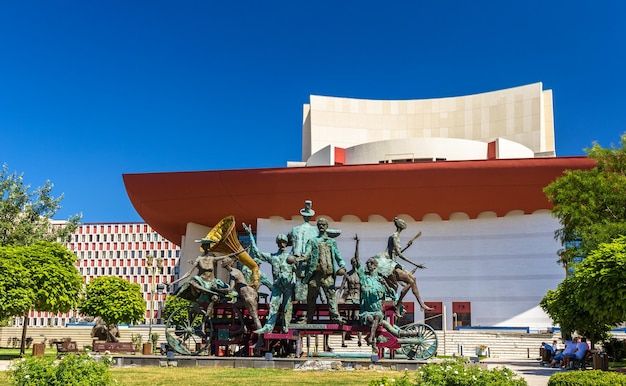 Group statue Caragialiana in front of Bucharest National Theater in Romania