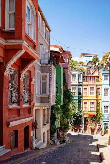 Colorful and bright houses on the streets of Istanbul. Balat district.