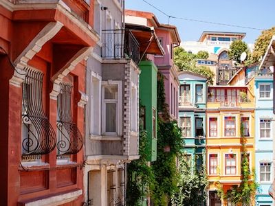 Colorful and bright houses on the streets of Istanbul. Balat district.