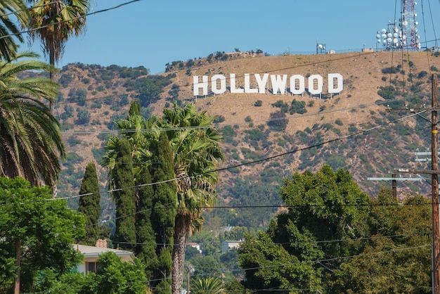 Hollywood Sign on Los Angeles Hills with Clear Blue Sky