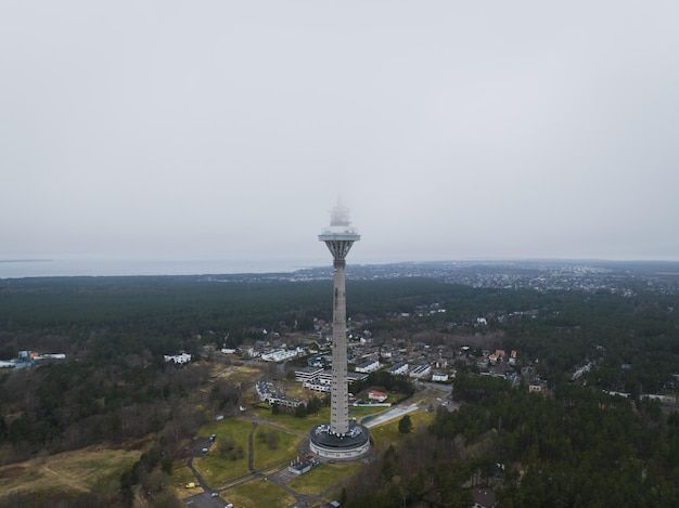 Tallinn TV tower in the fog photo from above from a drone