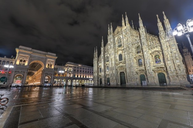 Milan Cathedral Duomo di Milano one of the largest churches in the world at night on Piazza Duomo square in the Milan city center in Italy