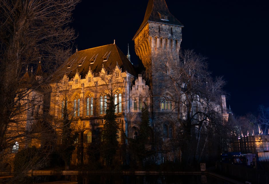 Dramatic view of Vajdahunyad Castle illuminated at night, capturing the Gothic Revival architecture.
