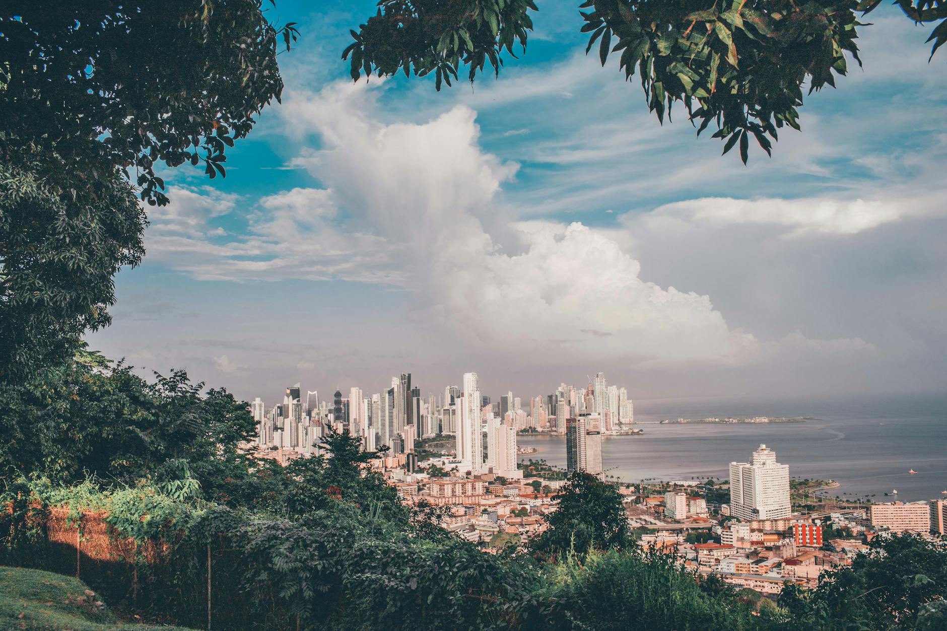 Scenic view of Panama City skyline under a vibrant sky with lush green foreground.