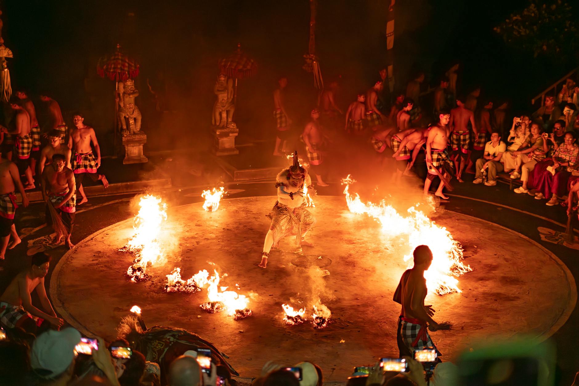 A mesmerizing nighttime Kecak fire dance performance in Uluwatu, Bali, Indonesia.