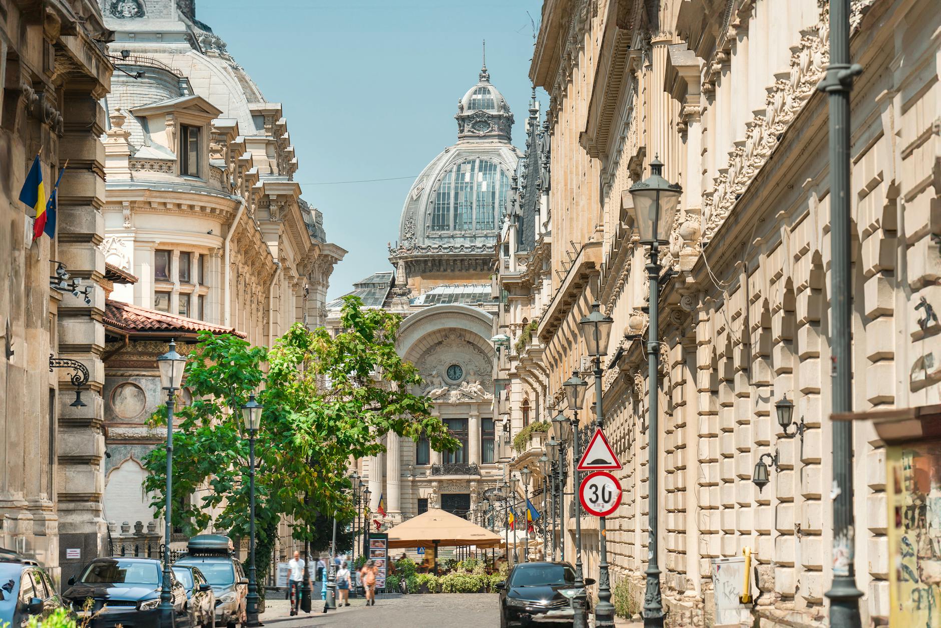 Beautiful historic street view of Bucharest's architectural landmarks. Explore Romania's cultural heritage.