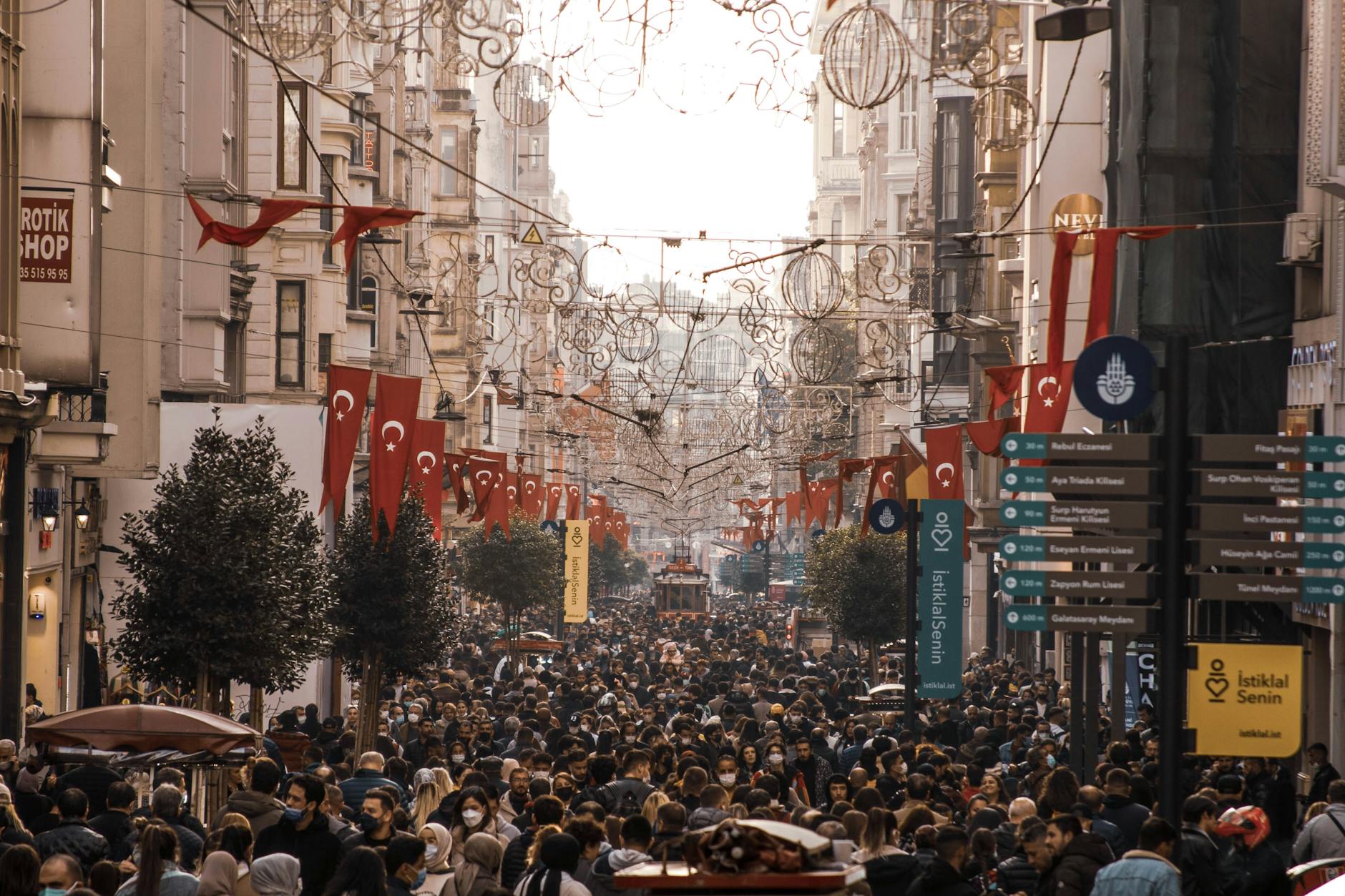 Bustling street scene of Istiklal Avenue, Istanbul, with Turkish flags and people wearing masks.