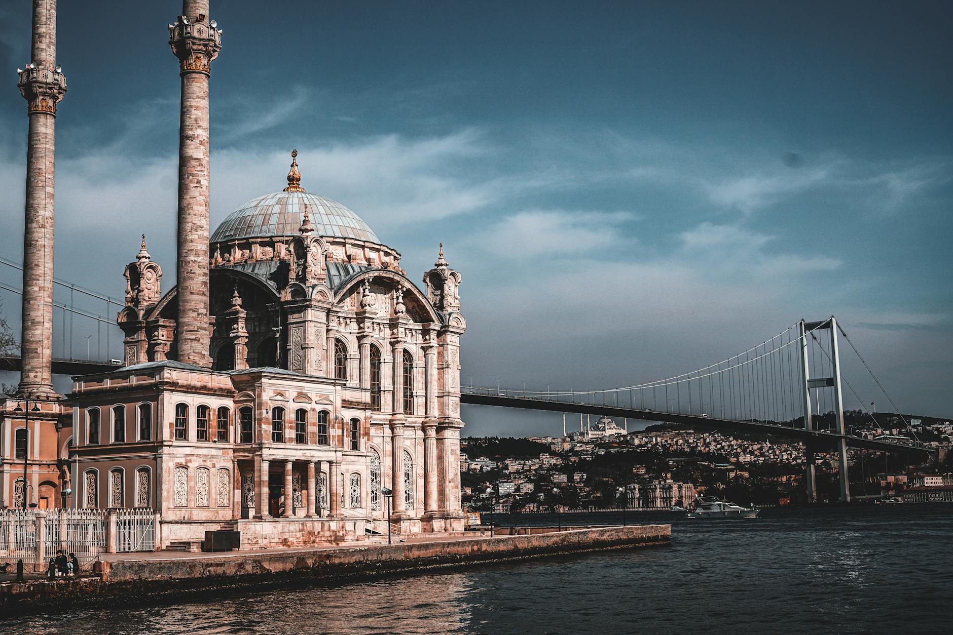 Scenic view of Ortaköy Mosque and Bosphorus Bridge in Istanbul, Turkey during sunset.