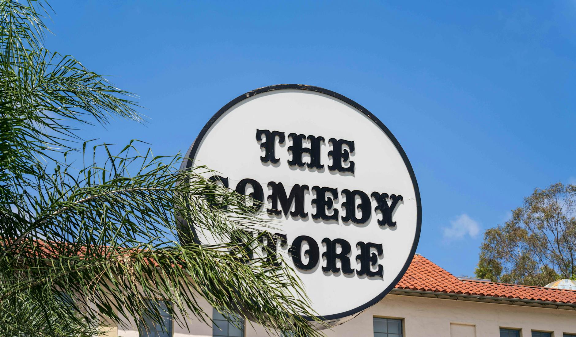 The Comedy Store sign with palm trees under a clear blue sky in West Hollywood, California.