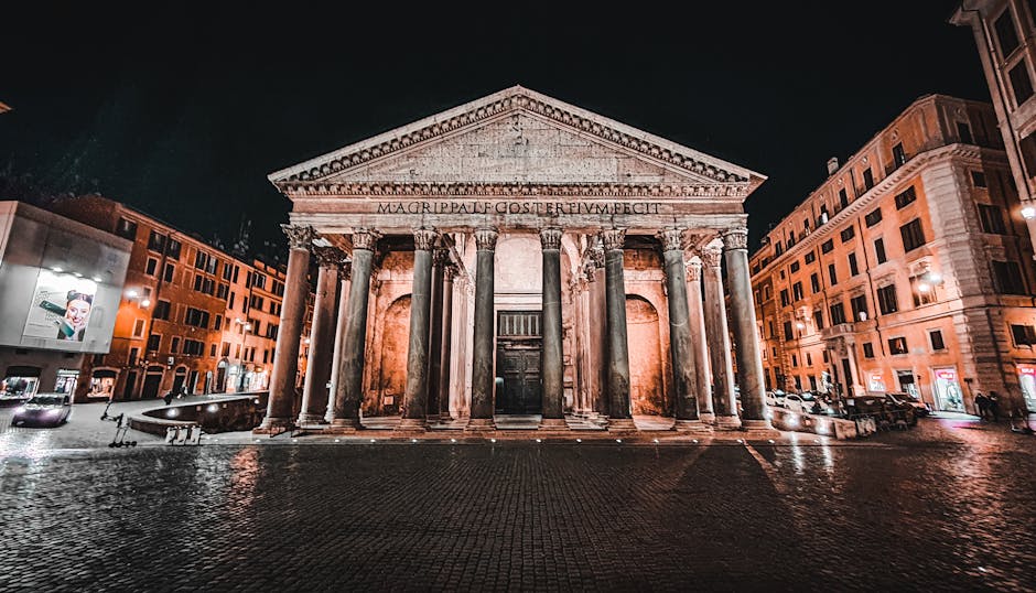Captivating night photography of the ancient Pantheon in Rome, showcasing its grand architecture.