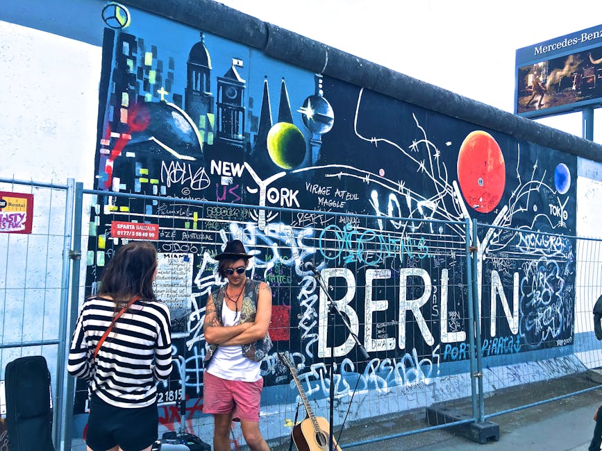 Vibrant street art on the Berlin Wall, captured amidst a lively urban atmosphere.