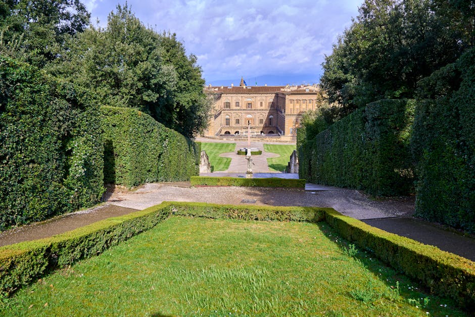 Captivating view of Boboli Gardens with Palace in Florence. Lush greenery and historic architecture.