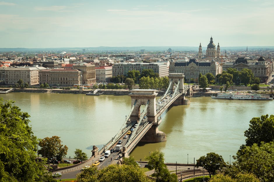 Panoramic view of the Chain Bridge over the Danube in Budapest, showcasing iconic landmarks and cityscape.