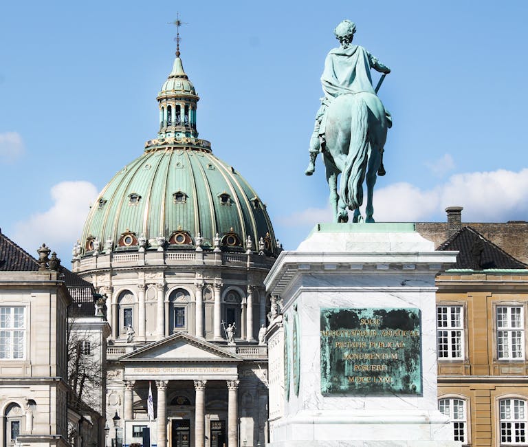 Frederik's Church with equestrian statue in Amalienborg, Copenhagen, Denmark.
