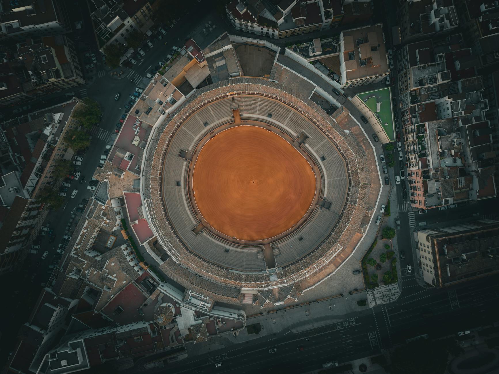 Stunning aerial image of Seville's historical bullring, capturing the vibrant architecture.