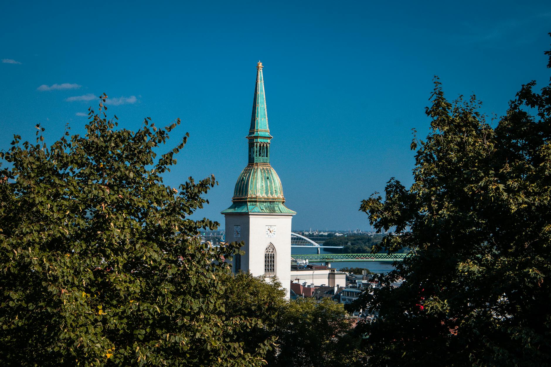 View of St. Martin's Cathedral tower framed by trees in Bratislava. Clear blue sky and urban skyline in the background.