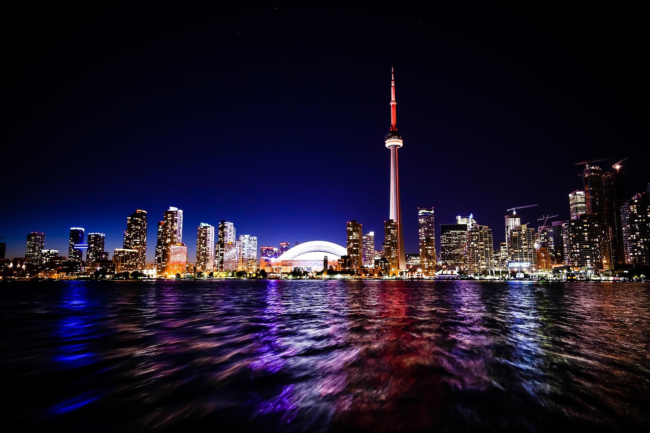 toronto, city, cn tower, skydome, skyline, architecture, buildings, towers, lights, nature, dark, night, water, reflection, urban, cityscape, city lights, skyscrapers