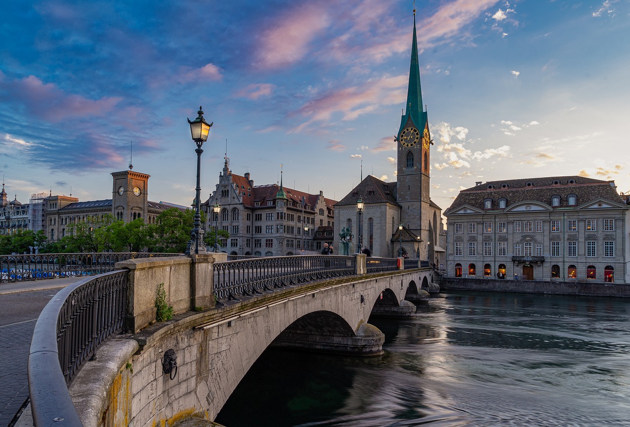 bridge, city, river, nature, zurich, switzerland, architecture, building, historic center, houses, sky, church, travel, fraumünster, münster bridge, twilight, church clock, monument, street lamps, limmat