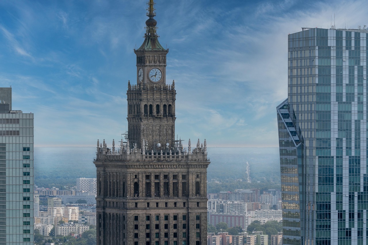 city, architecture, buildings, skyscrapers, offices, nature, towers, sky, clouds, warsaw, pkin, poland