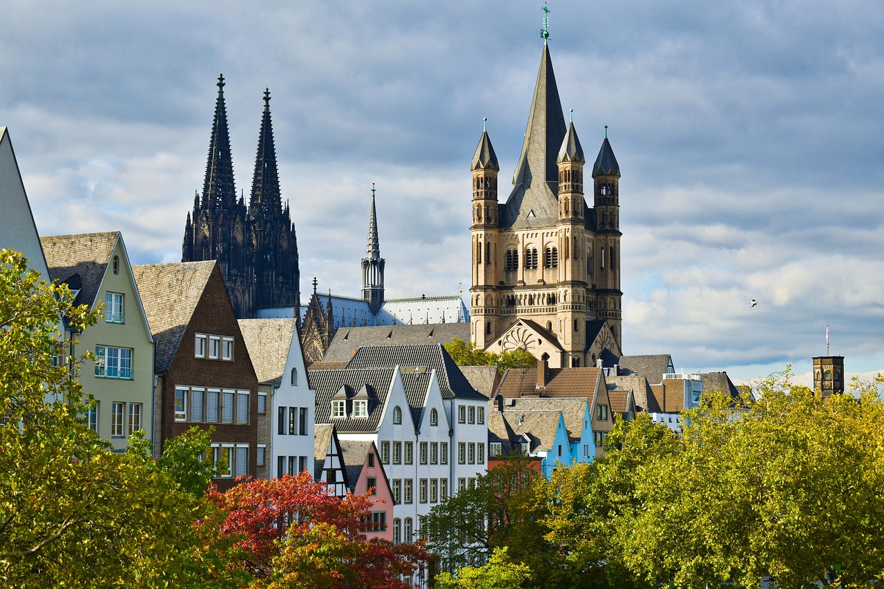 church, buildings, towers, village, urban, city, koeln, nature, spring