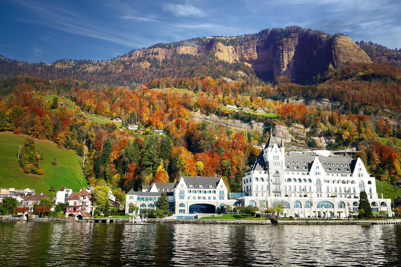 vitznau, switzerland, mountain views, rigi, lake lucerne region, boat trip, central switzerland, lucerne, hotel, nature, architecture, travel, waters, lake, fall, mountain, mountains, summit