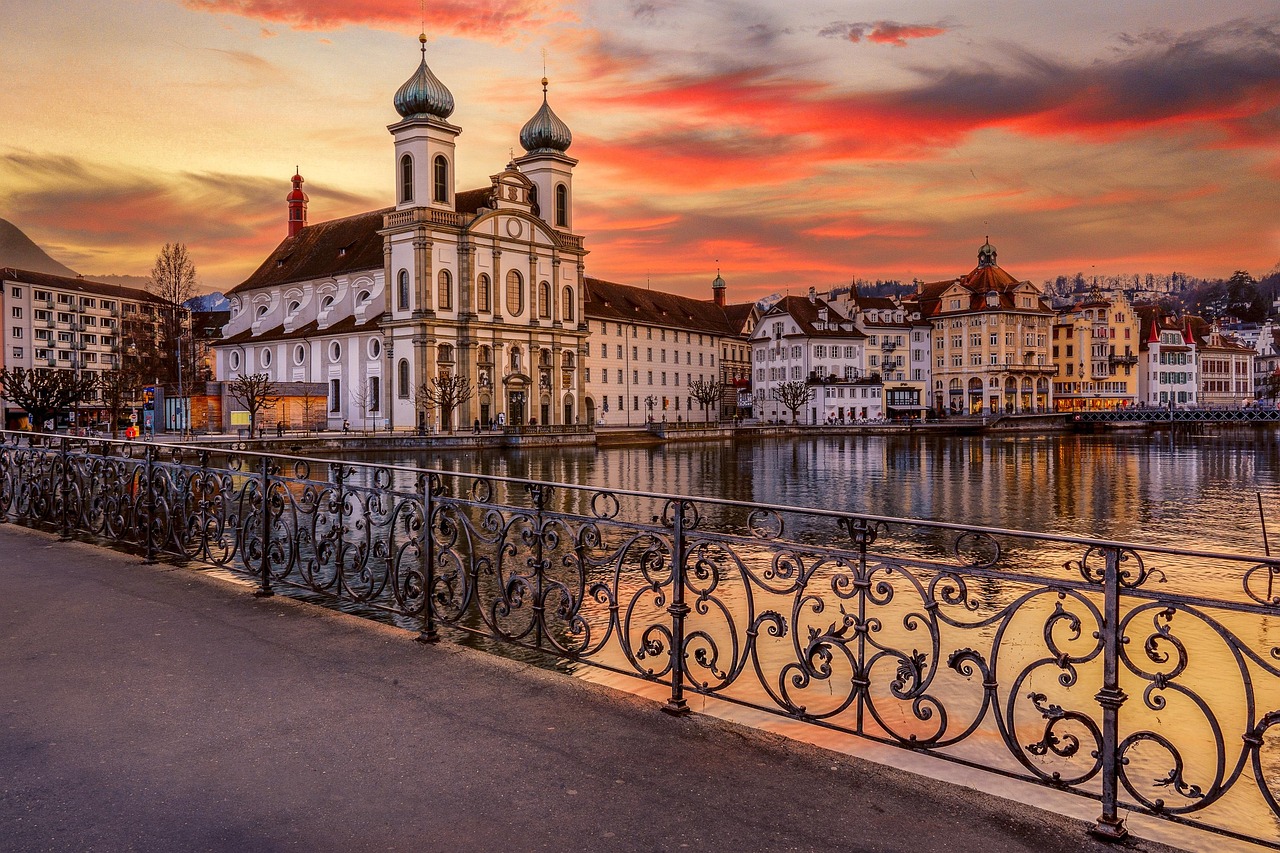 city, dusk, travel, tourism, europe, switzerland, lucerne, nature, architecture, building, bridge, church, flow, water