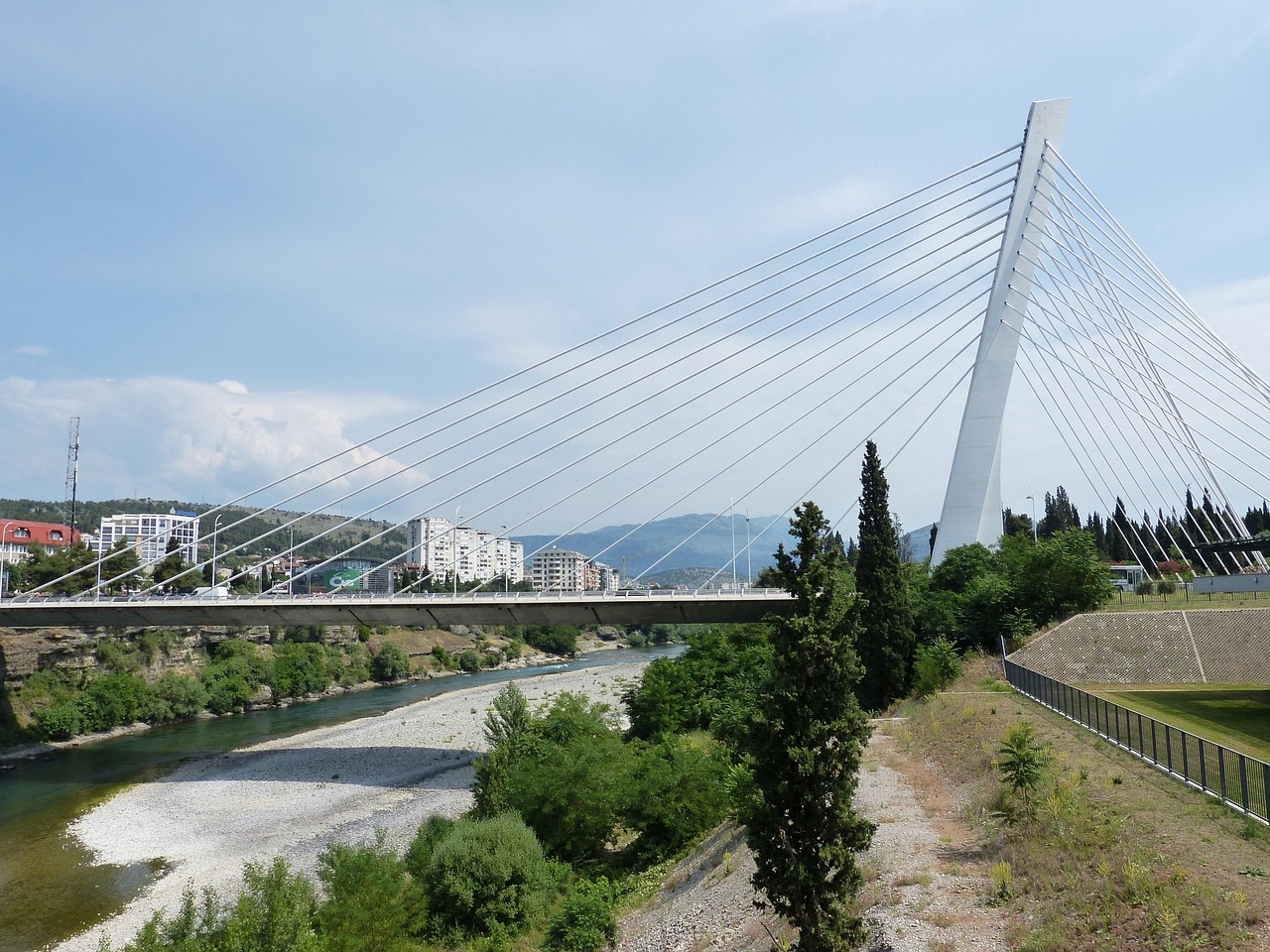 podgorica, suspension bridge, montenegro, city, capital city, balkan, flow, mountains, nature, bridge