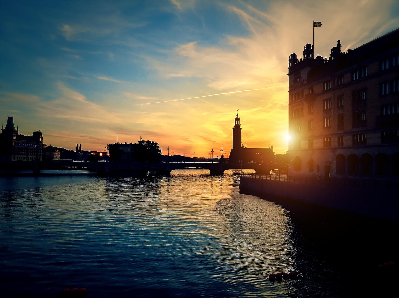 stockholm, sunset, river, sweden, nature, dusk