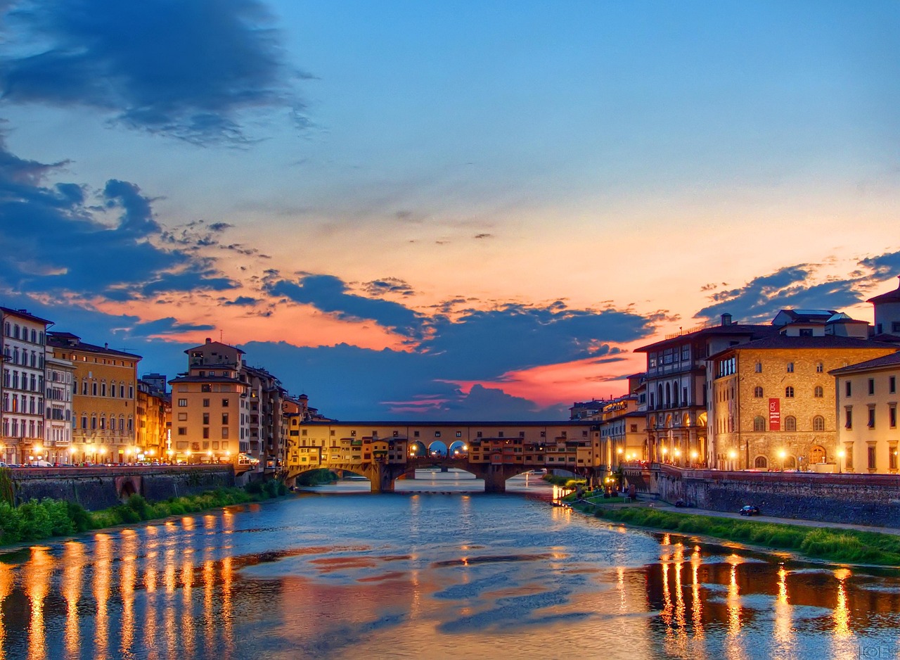sunset, florence, italy, ponte vecchio, sunset in florence, bridge, vecchio, river, old, europe, architecture river, reflection, lights, tourism, sky, nature, landscape, water, scenery, outdoor, scenic, blue sunset, blue river, blue bridge, blue old