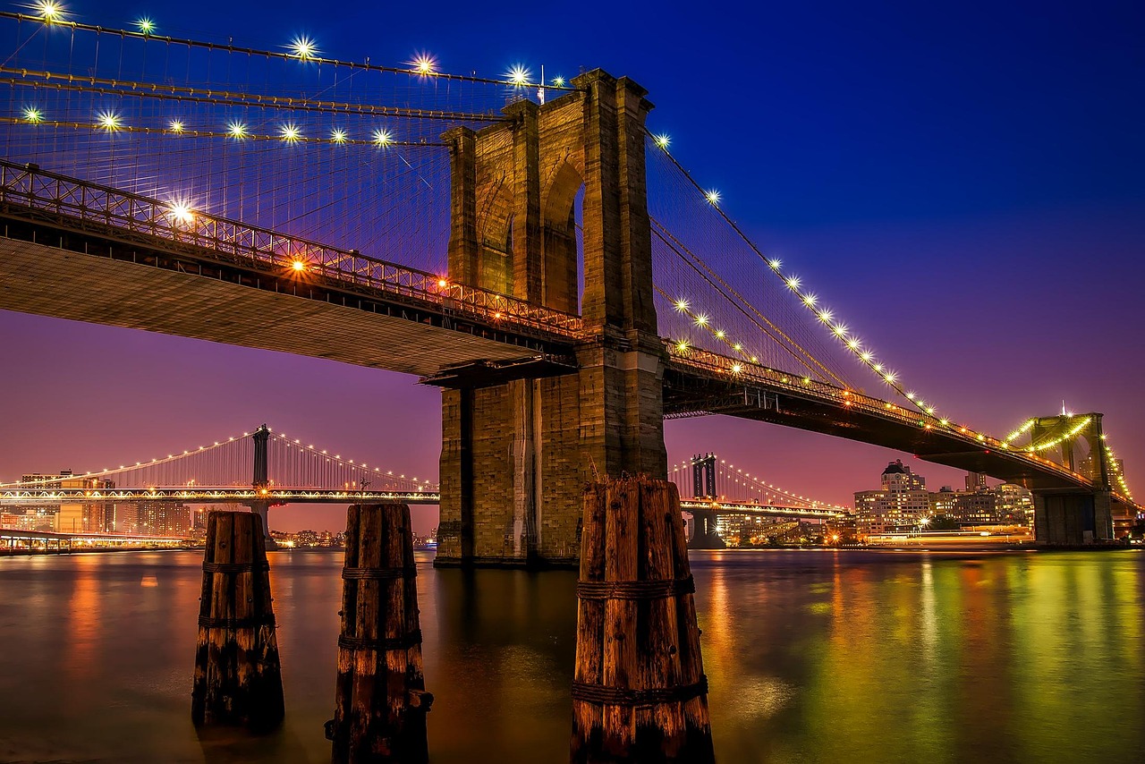 brooklyn bridge, river, illuminated, city lights, bridge, architecture, city, landmark, new york city, urban, hudson, reflection, lights, nature, glow, famous, night, water, waterfront, hudson river