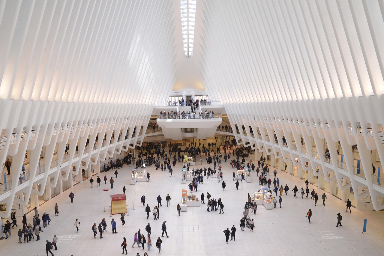world trade center, building, people, interior, architecture, crowd, public, modern, terminal station, downtown, metaverse, perspective, oculus, metro, new york, manhattan, america, usa