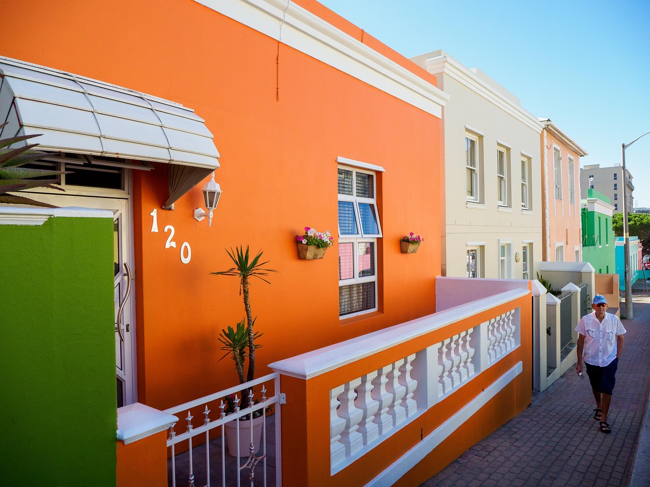 bo-kaap homes, cape town, wale street, house, architecture, building, home, street, window, construction, blue, city, white, sky, town, africa, door, travel, balcony, new, exterior, nature, blue sky, facade, colorful, apartment, residential, tourism, outdoors
