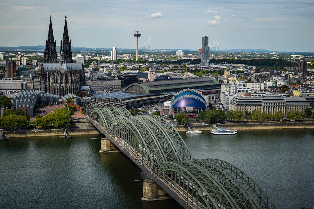 An aerial view of a city and a bridge