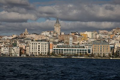 Galata tower overlooks the istanbul skyline and bosphorus.