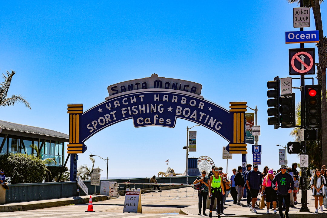 The santa monica yacht harbor entrance is shown.