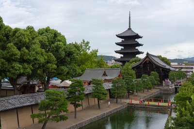 A scenic view of a pagoda and a pond