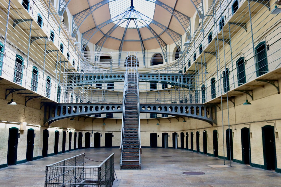 The inside of a building with stairs and a skylight