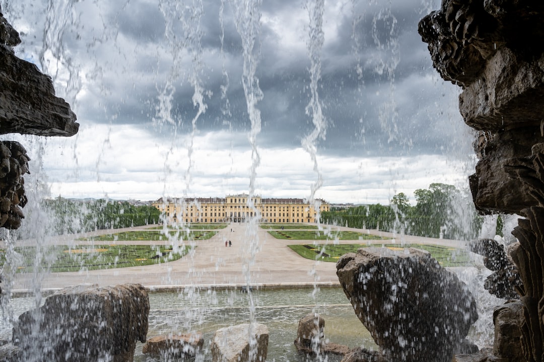 a view of a large building through a window