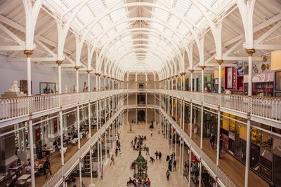 An overhead view of a building with people walking around
