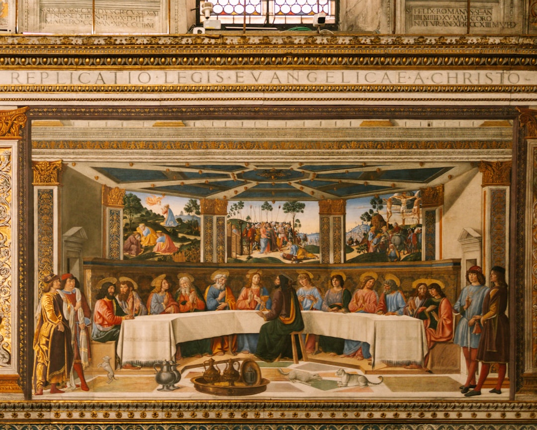 A painting of a large group of people in a room