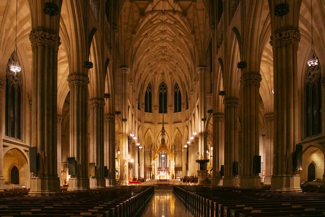 Inside a grand cathedral with long columns.