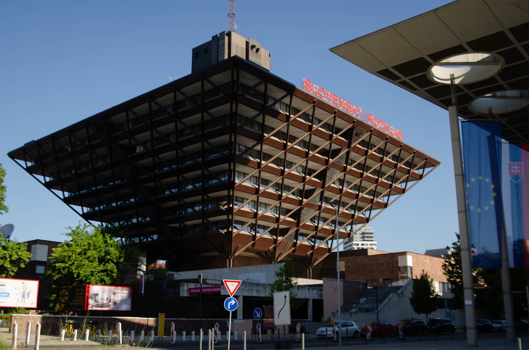 Modernist building with a unique inverted pyramid design
