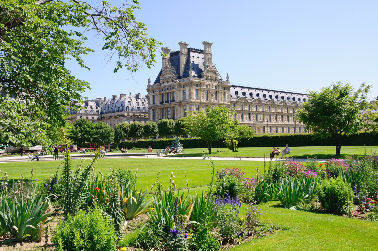 Peaceful Tuileries Garden filled with statues, trees, and relaxing visitors.